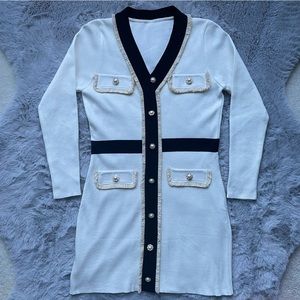 Women’s V-Neck Knit Long Sleeve Mini Midi Dress Fits Size 2-4 White Black